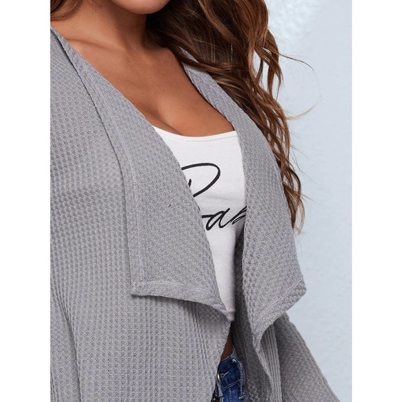 Waffle Knit Waterfall Cardigan soft knit sweater black - Picture 6 of 11